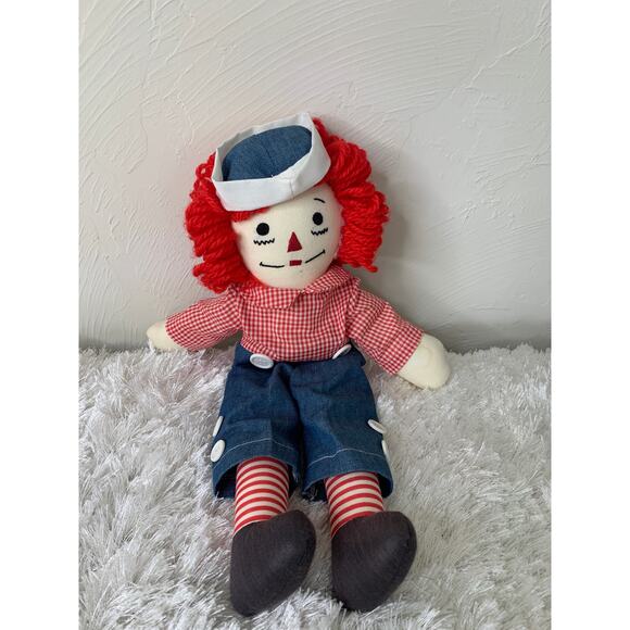 Vintage Handmade Raggedy Andy Overalls Denim Red Gingham  15" - Picture 1 of 6